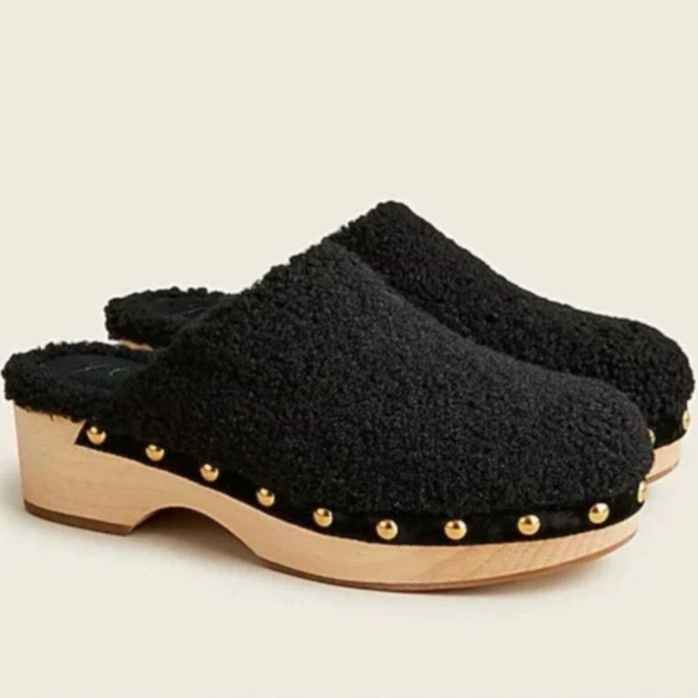 J. Crew Black Sherpa Studded Wooden Slip On Clogs Women’s Shoe Size 7.5